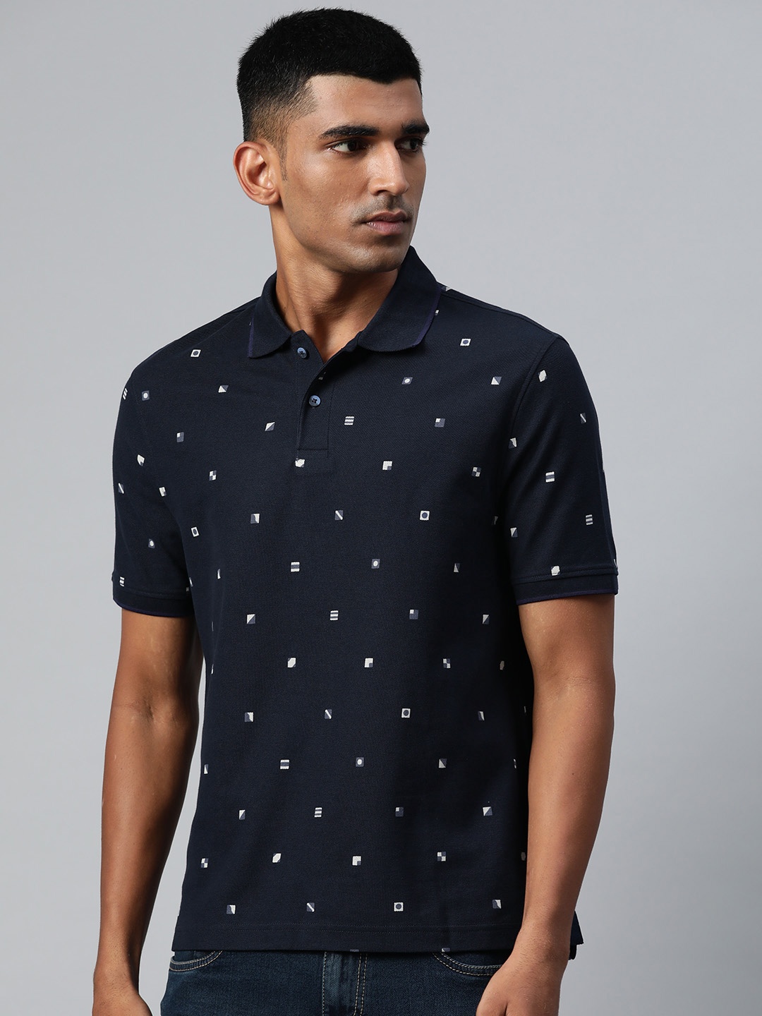 

Marks & Spencer Men Navy Blue Pure Cotton Geometric Printed Polo Collar T-shirt