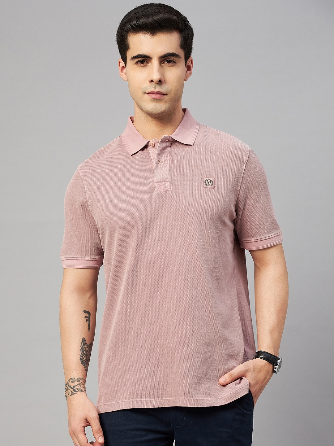 

Marks & Spencer Men Dusty Pink Solid Dyed Polo Collar Pure Cotton T-shirt
