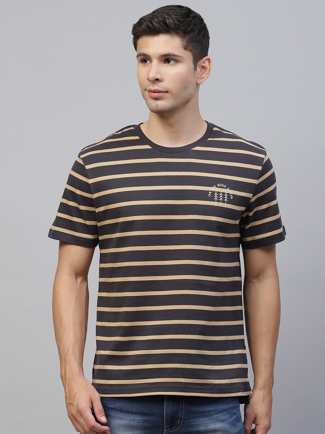 

Marks & Spencer Men Black & Beige Striped Pure Cotton T-shirt