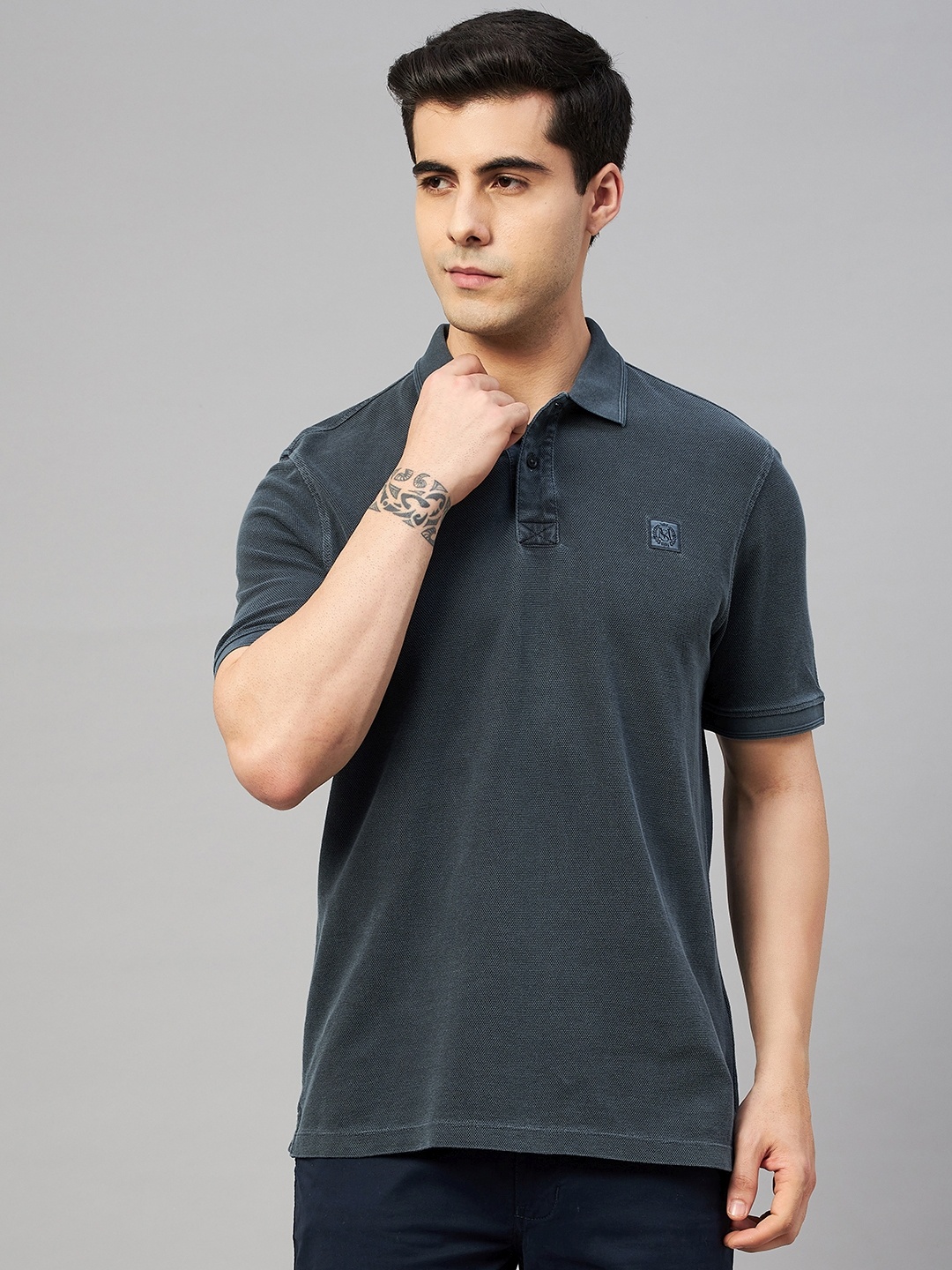 

Marks & Spencer Men Charcoal Grey Polo Collar Pure Cotton T-shirt