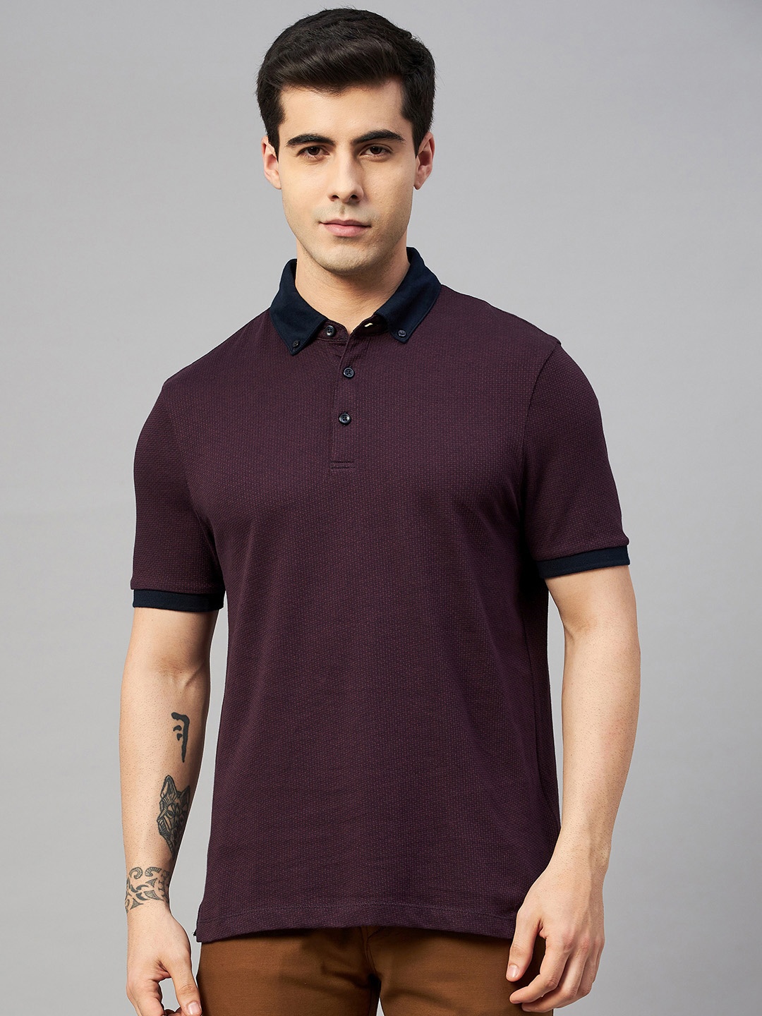 

Marks & Spencer Men Burgundy & Navy Blue Polo Collar Pure Cotton T-shirt