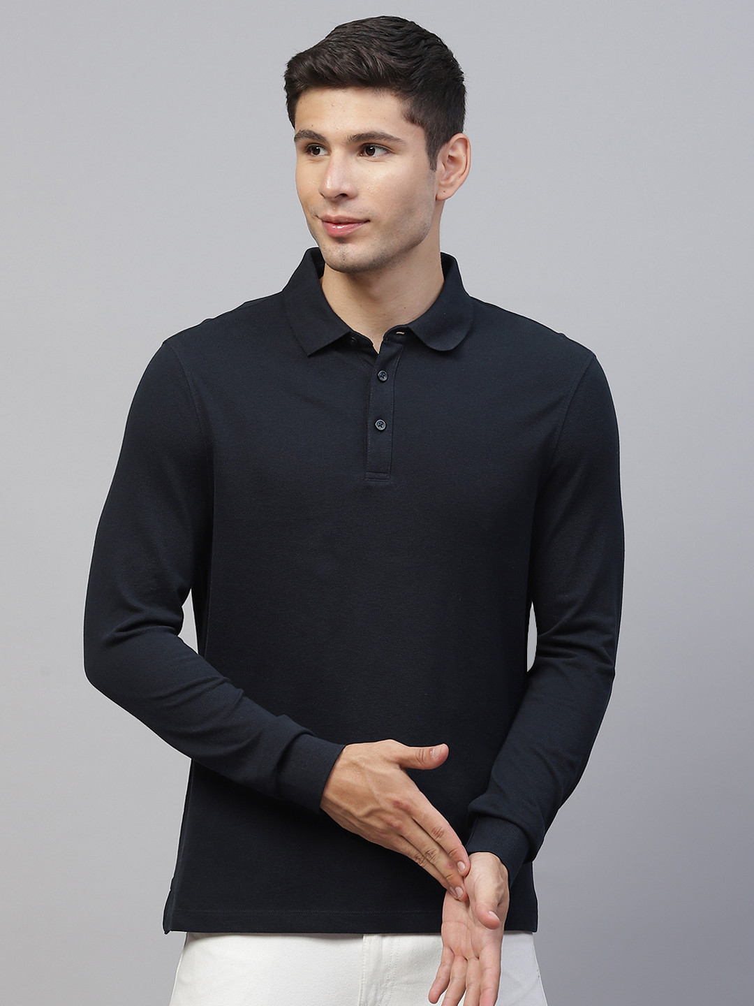 

Marks & Spencer Men Navy Blue Pure Cotton Polo Collar T-shirt