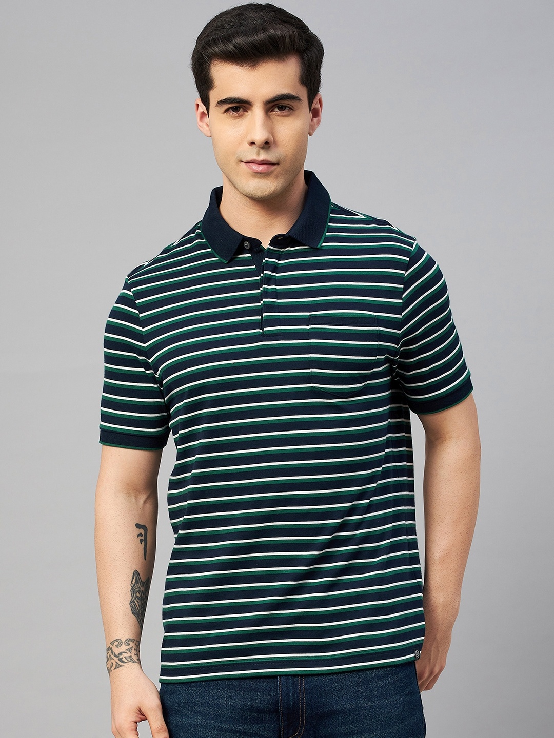 

Marks & Spencer Men Navy Blue & Green Striped Polo Collar Pure Cotton T-shirt