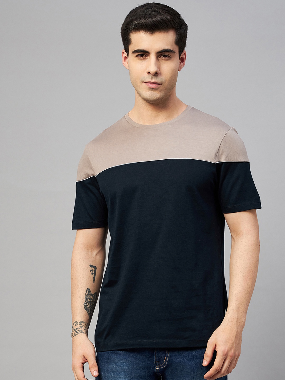 

Marks & Spencer Men Navy Blue & Taupe Colourblocked Pure Cotton T-shirt