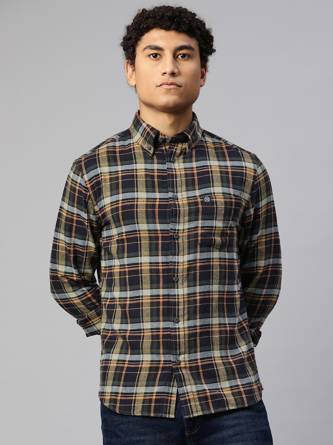 

Marks & Spencer Men Navy Blue & Beige Checked Pure Cotton Casual Shirt