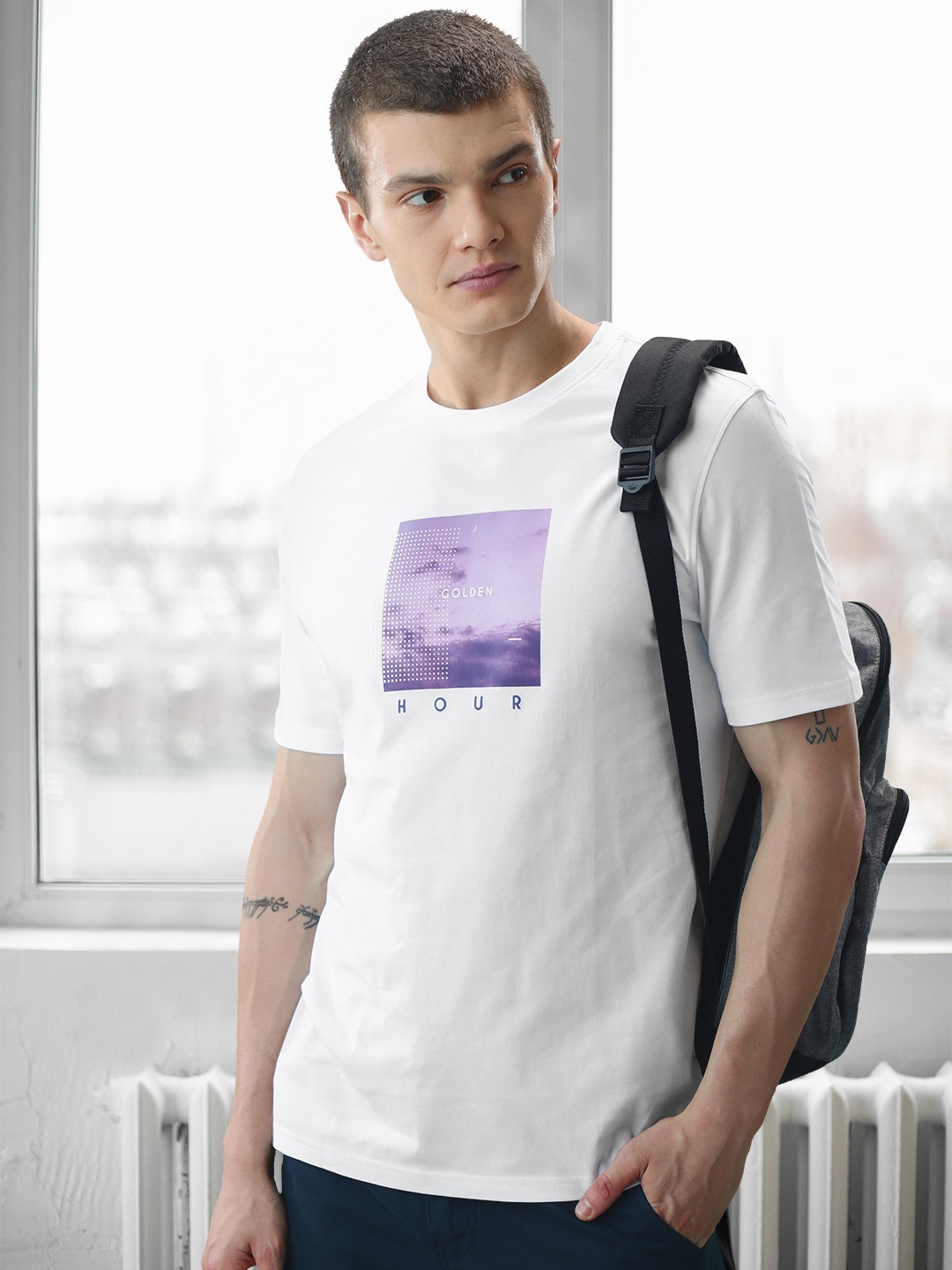 

Marks & Spencer Men White & Purple Pure Cotton Graphic Printed T-shirt