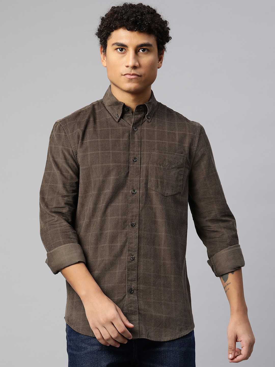 

Marks & Spencer Men Olive Green Pure Cotton Tartan Checked Casual Shirt