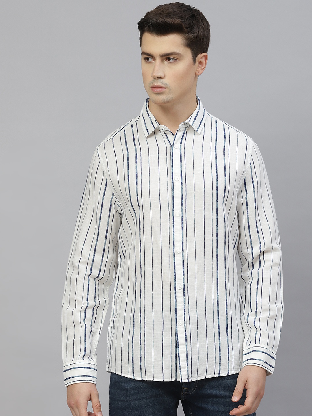 

Marks & Spencer Men White & Blue Easy Iron Striped Linen Cotton Relaxed Fit Shirt