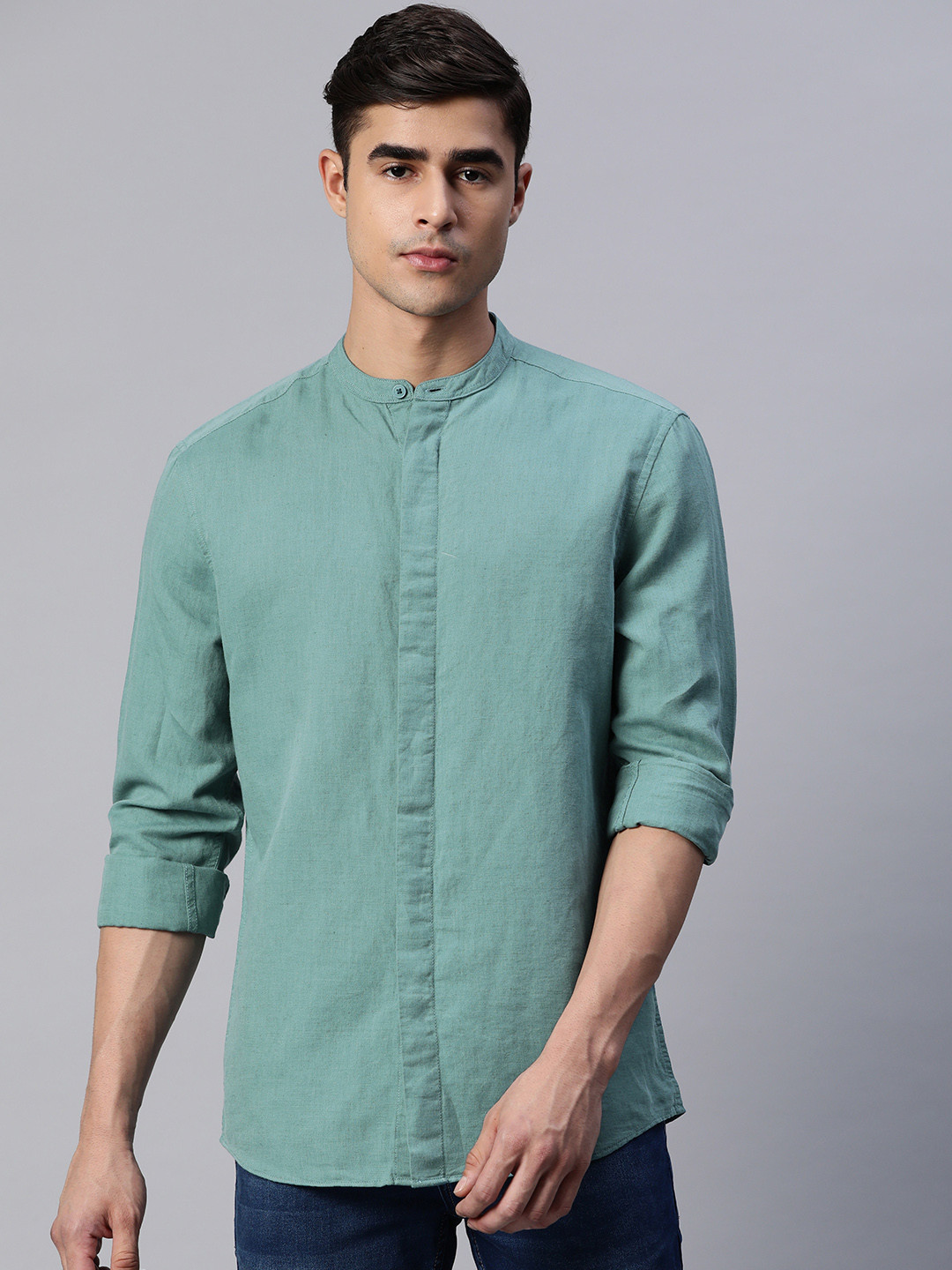 

Marks & Spencer Blue Solid Linen Cotton Mandarin Collar Relaxed Fit Shirt