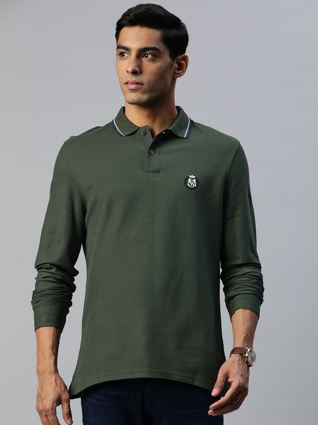 

Marks & Spencer Men Olive Green Pure Cotton Polo Collar T-shirt