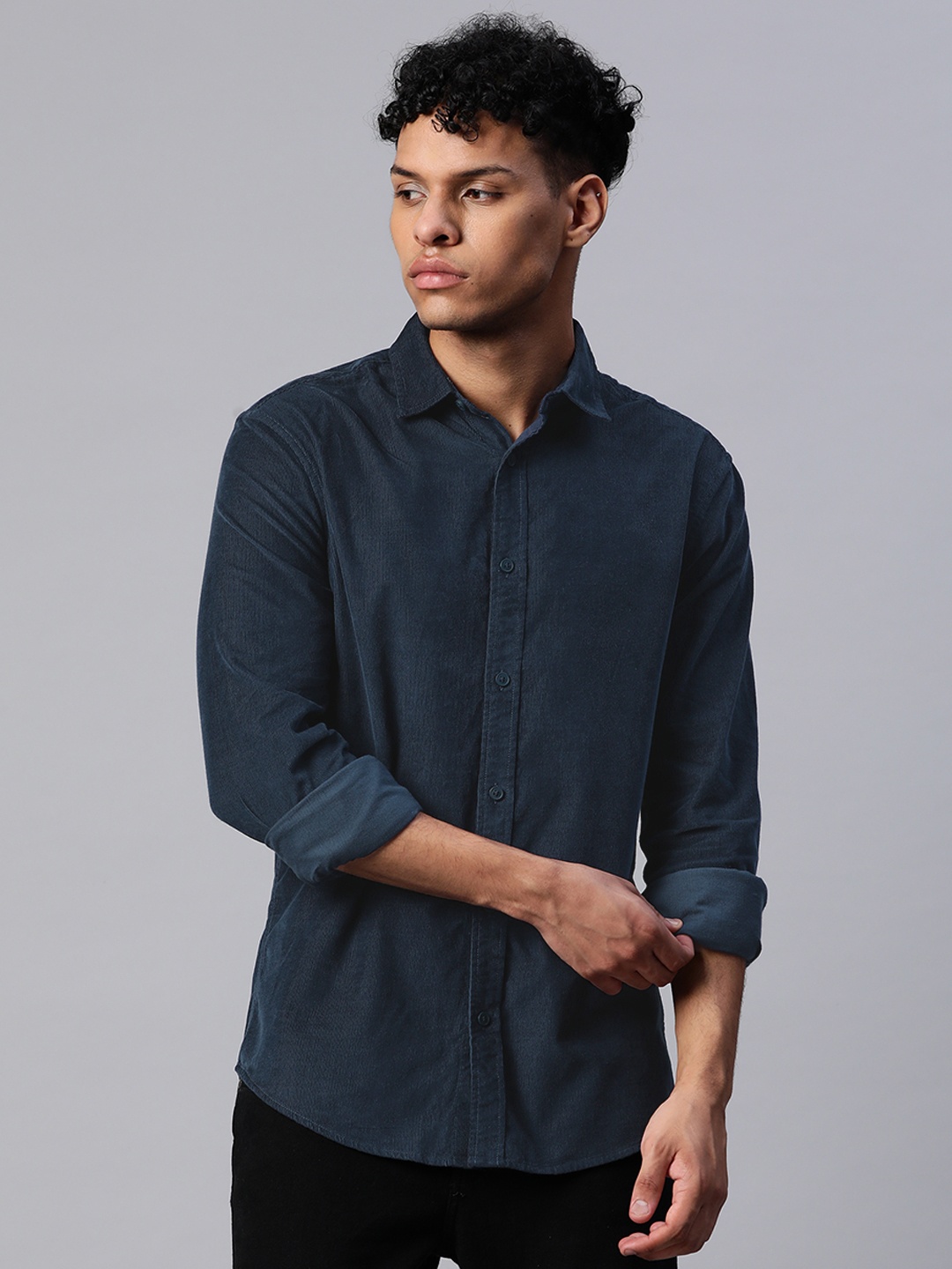 

Marks & Spencer Navy Blue Solid Pure Cotton Corduroy Casual Shirt