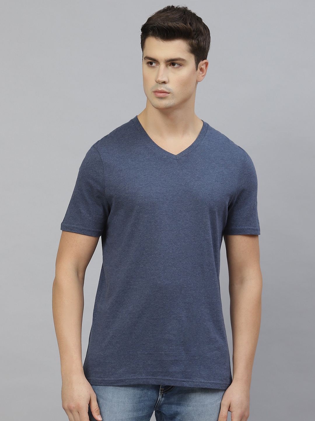 

Marks & Spencer Men Navy Blue V-Neck Pure Cotton T-shirt