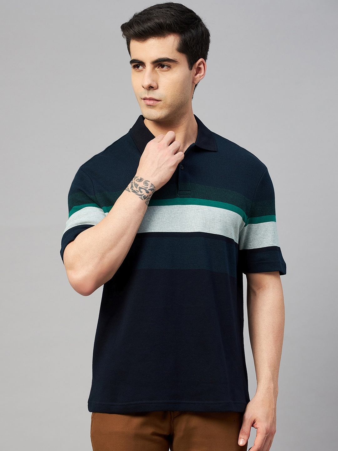 

Marks & Spencer Men Navy Blue & Green Striped Polo Collar Pure Cotton T-shirt