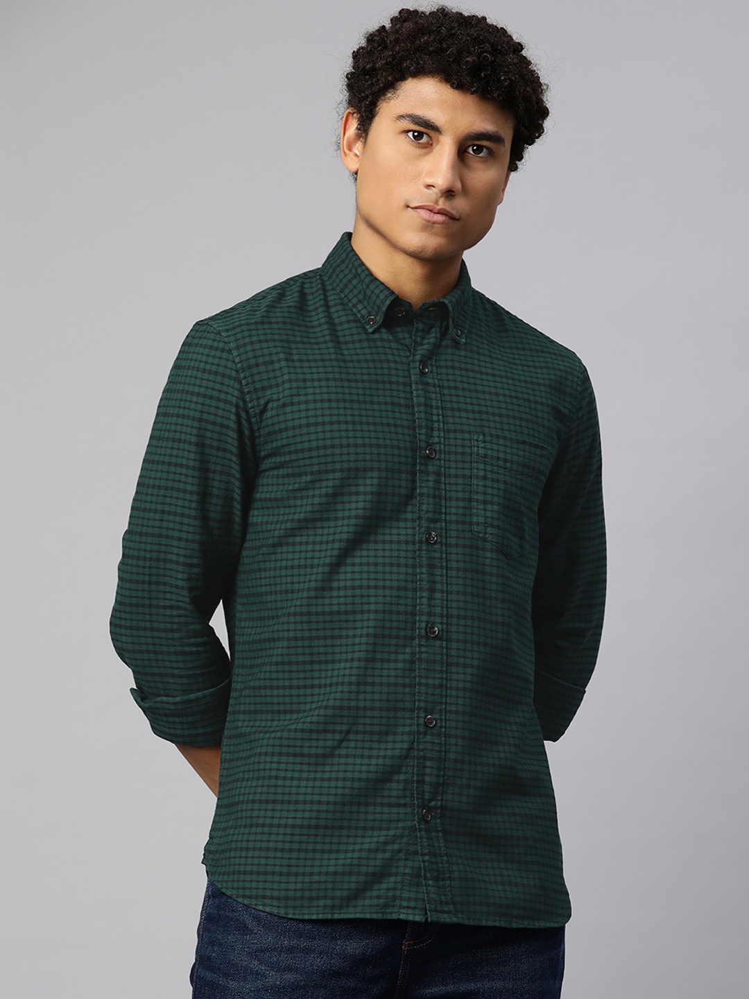 

Marks & Spencer Men Green & Black Checked Pure Cotton Casual Shirt