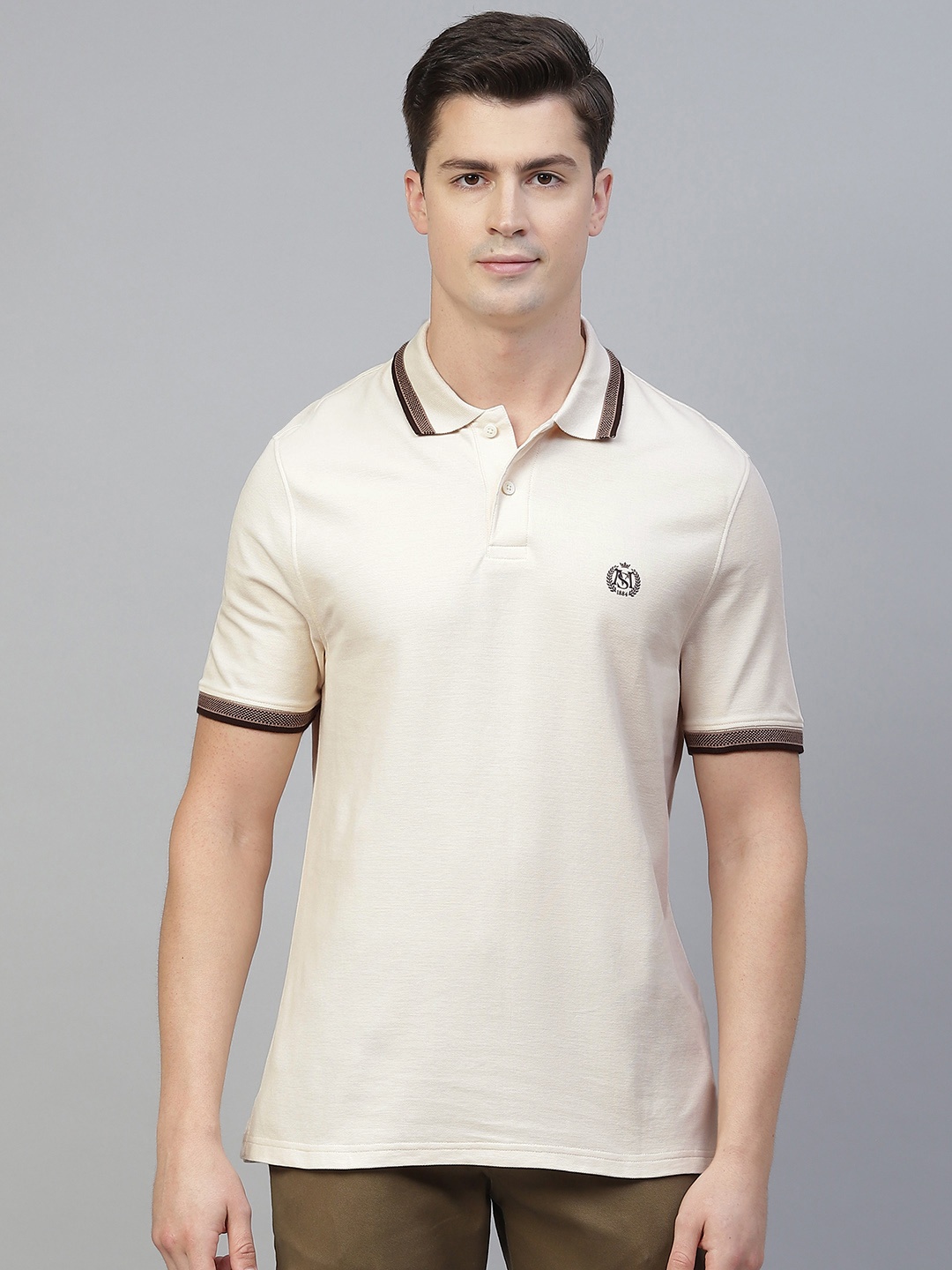 

Marks & Spencer Men Cream-Coloured Polo Collar Pure Cotton T-shirt