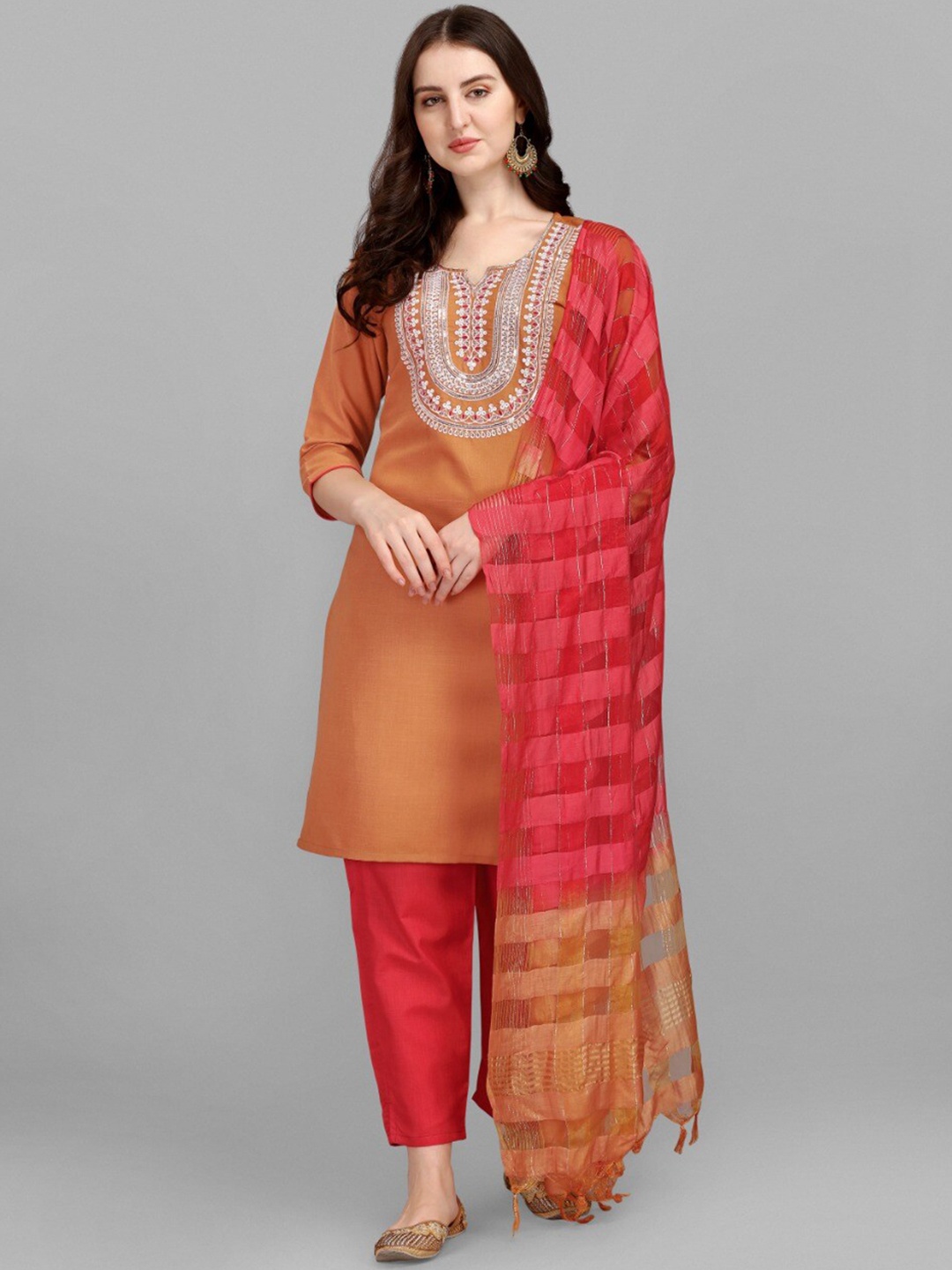

MORLY Women Orange Yoke Design Thread Work Kurta with Trousers & With Dupatta