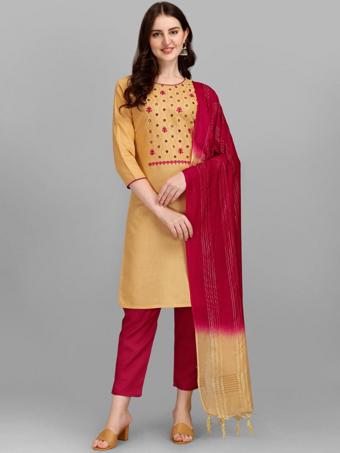 

MORLY Women Beige & Red Yoke Design Panelled Patchwork Kurta with Trousers & With Dupatta