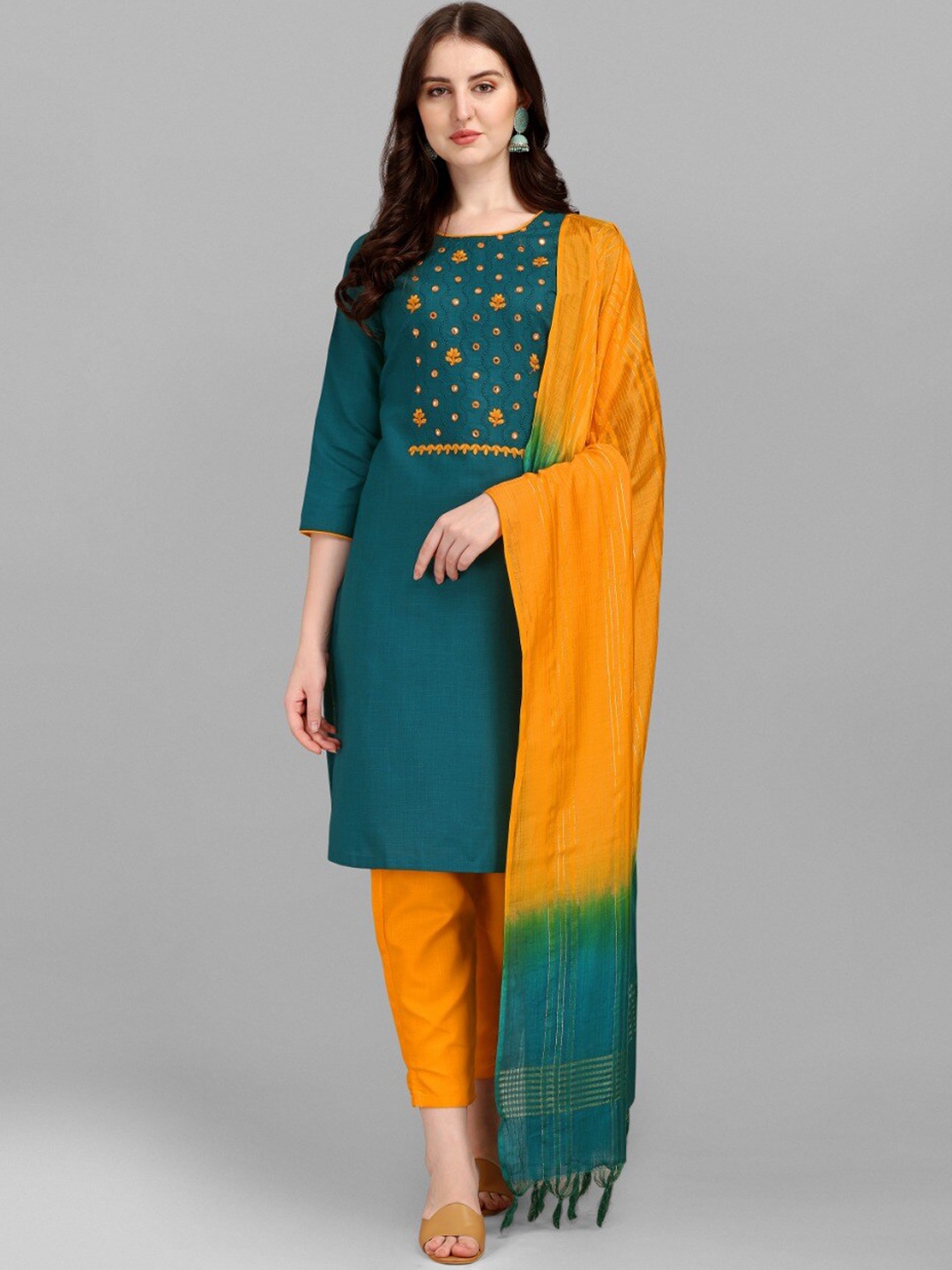 

MORLY Women Green & Yellow Ethnic Motifs Yoke Design Kurta with Trouser & Dupatta