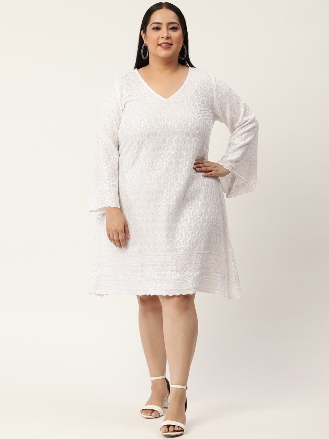 

theRebelinme Women Plus Size White Embroidered A-Line Dress