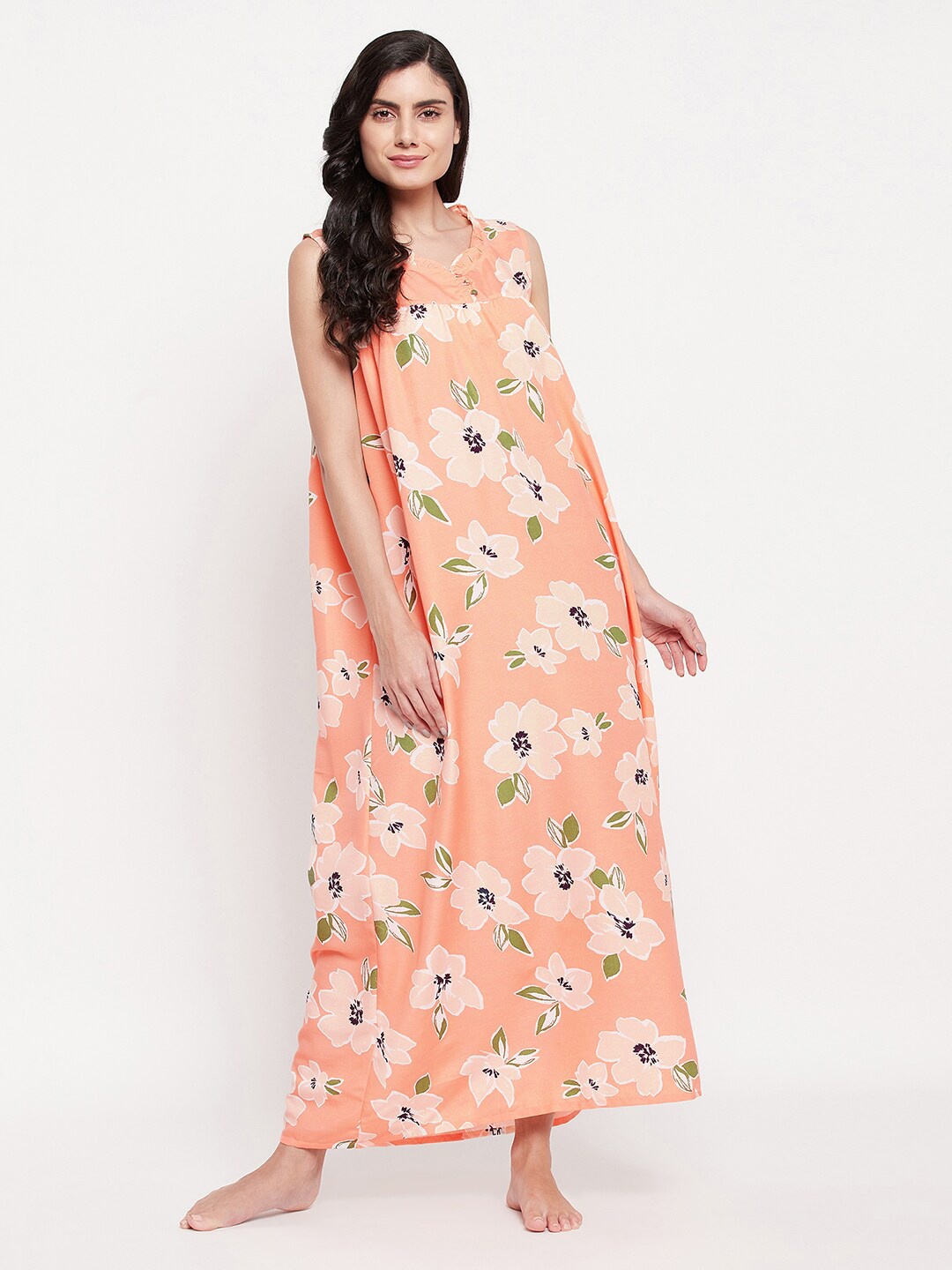 

Clovia Women Peach-Coloured Printed Maxi Nightdress