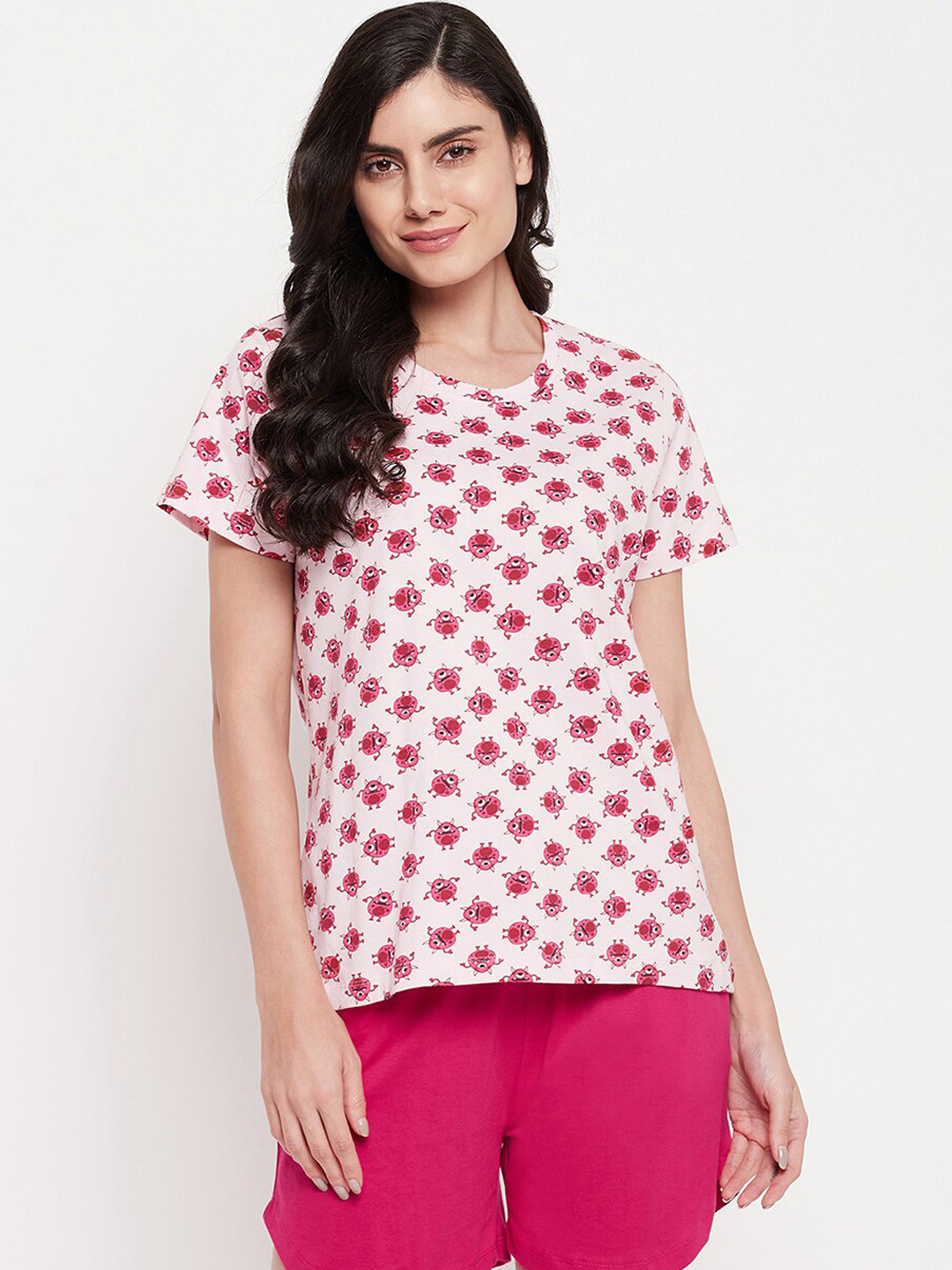 

Clovia Women Pink & White Cotton Printed T-shirt & Basic Shorts Set