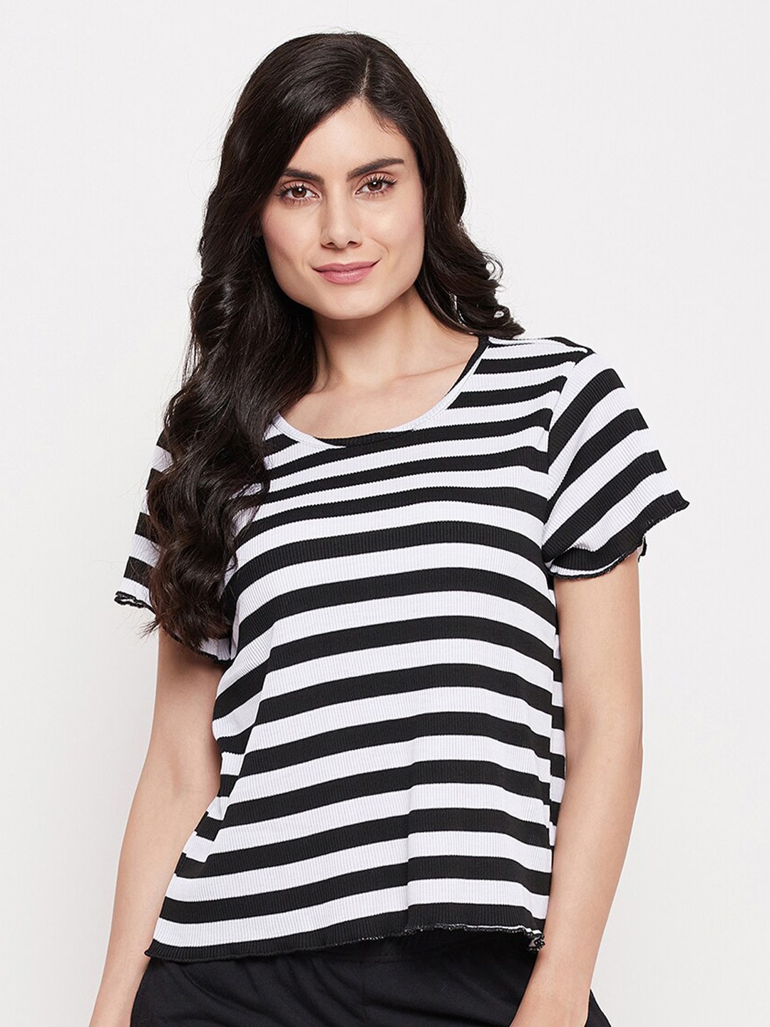 

Clovia Women White and Black Striped T-shirt