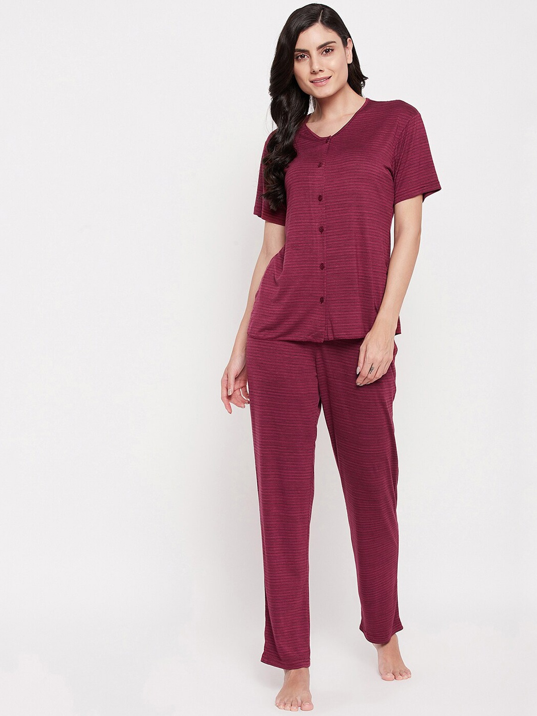 

Clovia Women Maroon Striped Pure Cotton Top & Pyjama Night Suit
