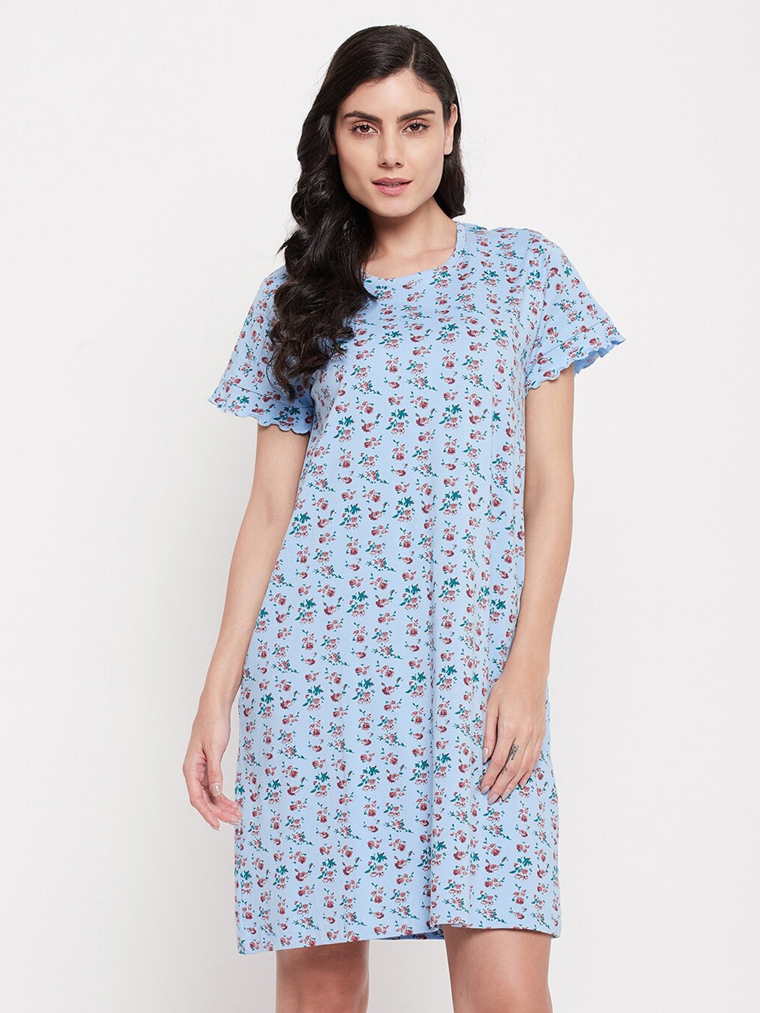 

Clovia Blue & Pink Floral Print Short Night Dress