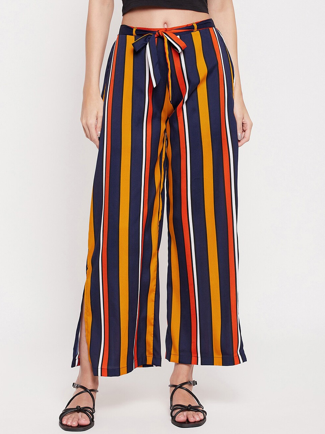 

Clovia Women Multi Sassy Stripes Flared Knitted Crop Lounge Pant, Navy blue