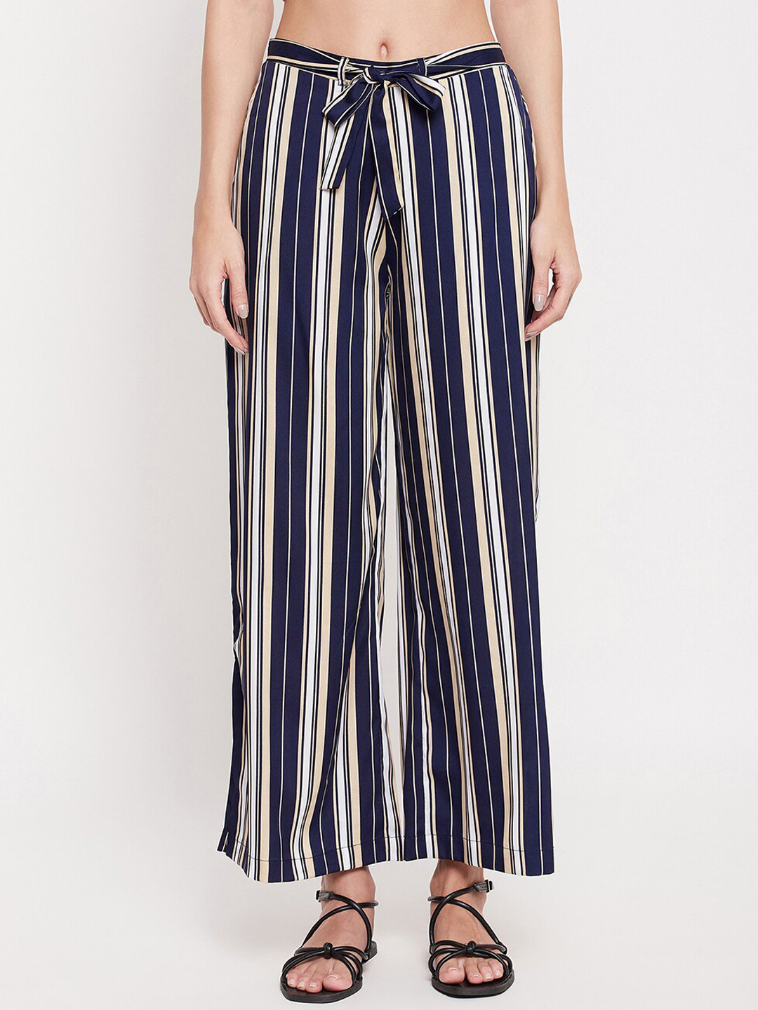 

Clovia Women Striped Mid-Rise Straight Crepe Lounge Pants, Navy blue