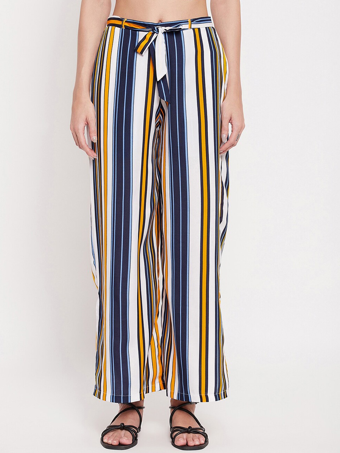 

Clovia Women Striped Mid-Rise Straight Crepe Lounge Pants, Blue