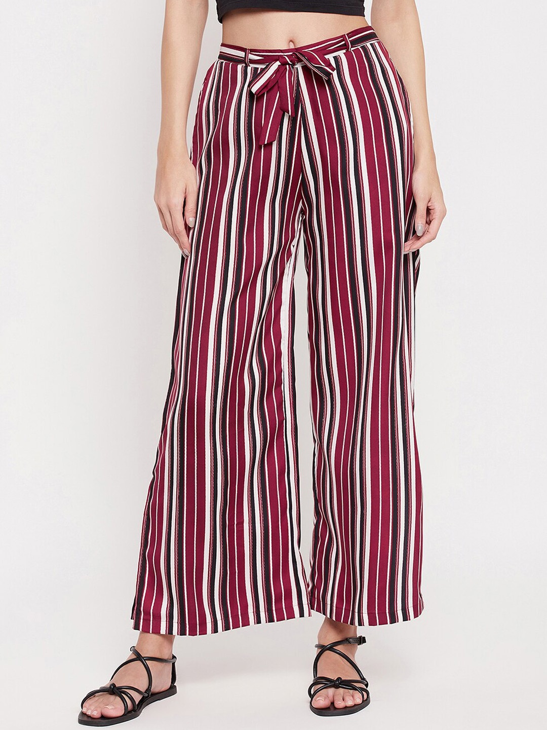 

Clovia Women Crepe Sassy Stripes Flared Pyjamas with Side Slits, Maroon