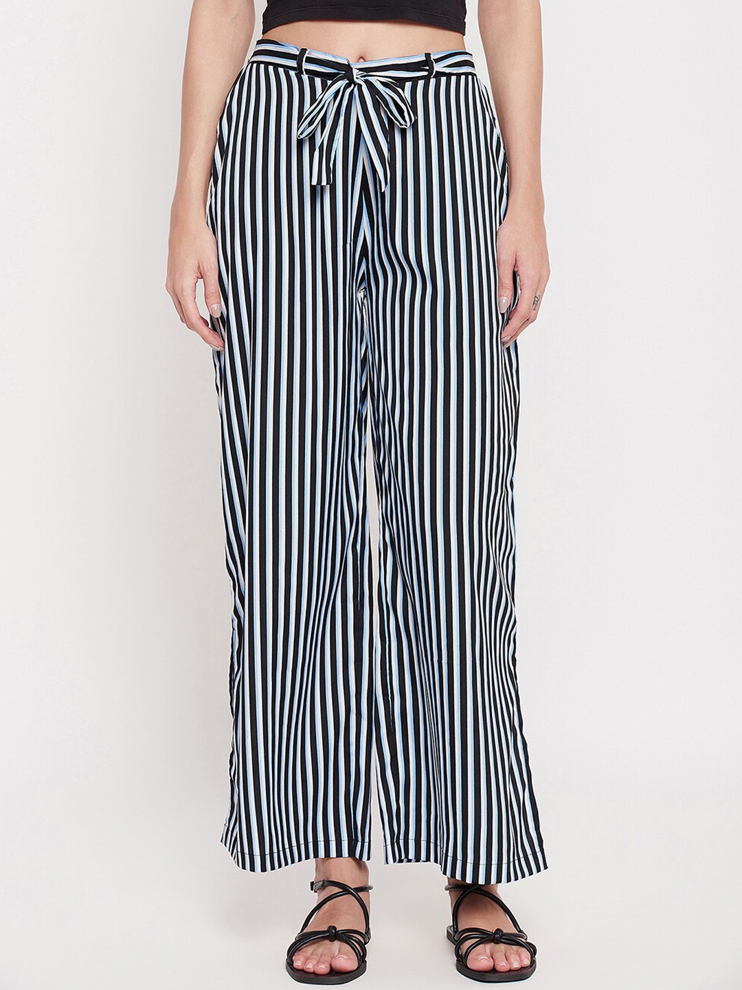 

Clovia Women White & Blue Striped Flared Knitted Crepe Cropped Palazzos