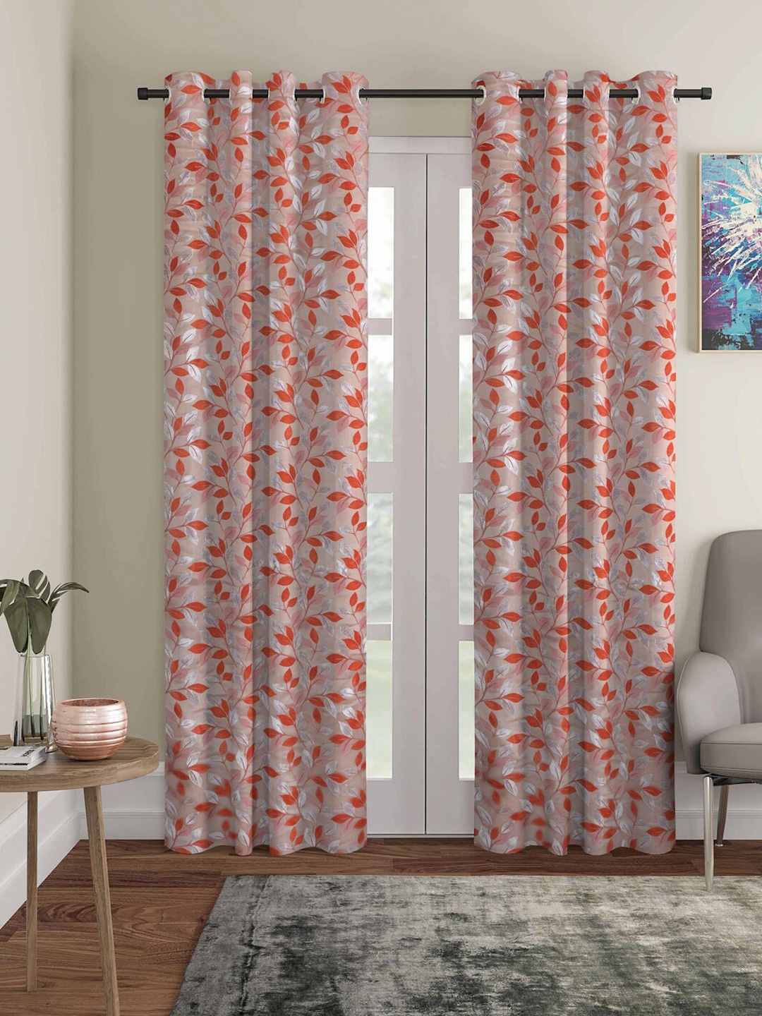 

ROMEE Orange & Beige Set of 2 Floral Door Curtain