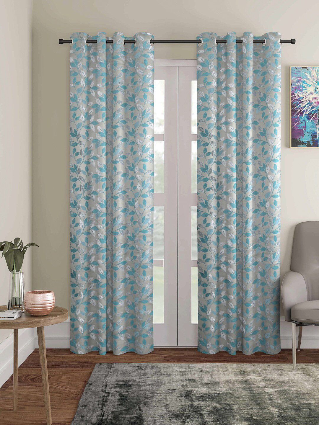 

ROMEE Turquoise Blue & Grey Set of 2 Floral Room Darkening Long Door Curtain