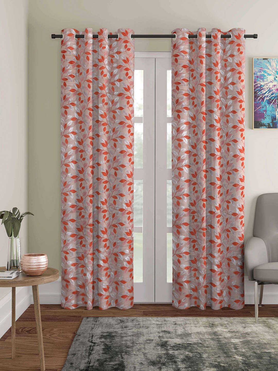 

ROMEE Adults Beige and Orange Set of 2 Leaf Pattern Room Darkening Long Door Curtain