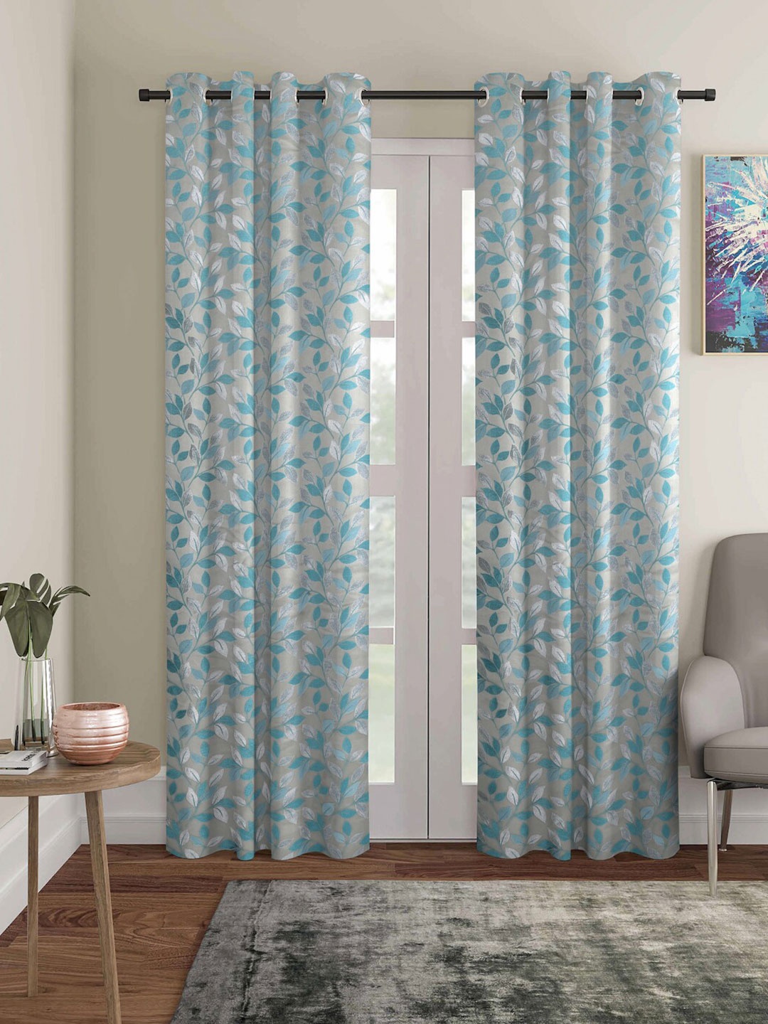 

ROMEE Turquoise Blue & Grey Set of 2 Floral Room Darkening Long Door Curtain
