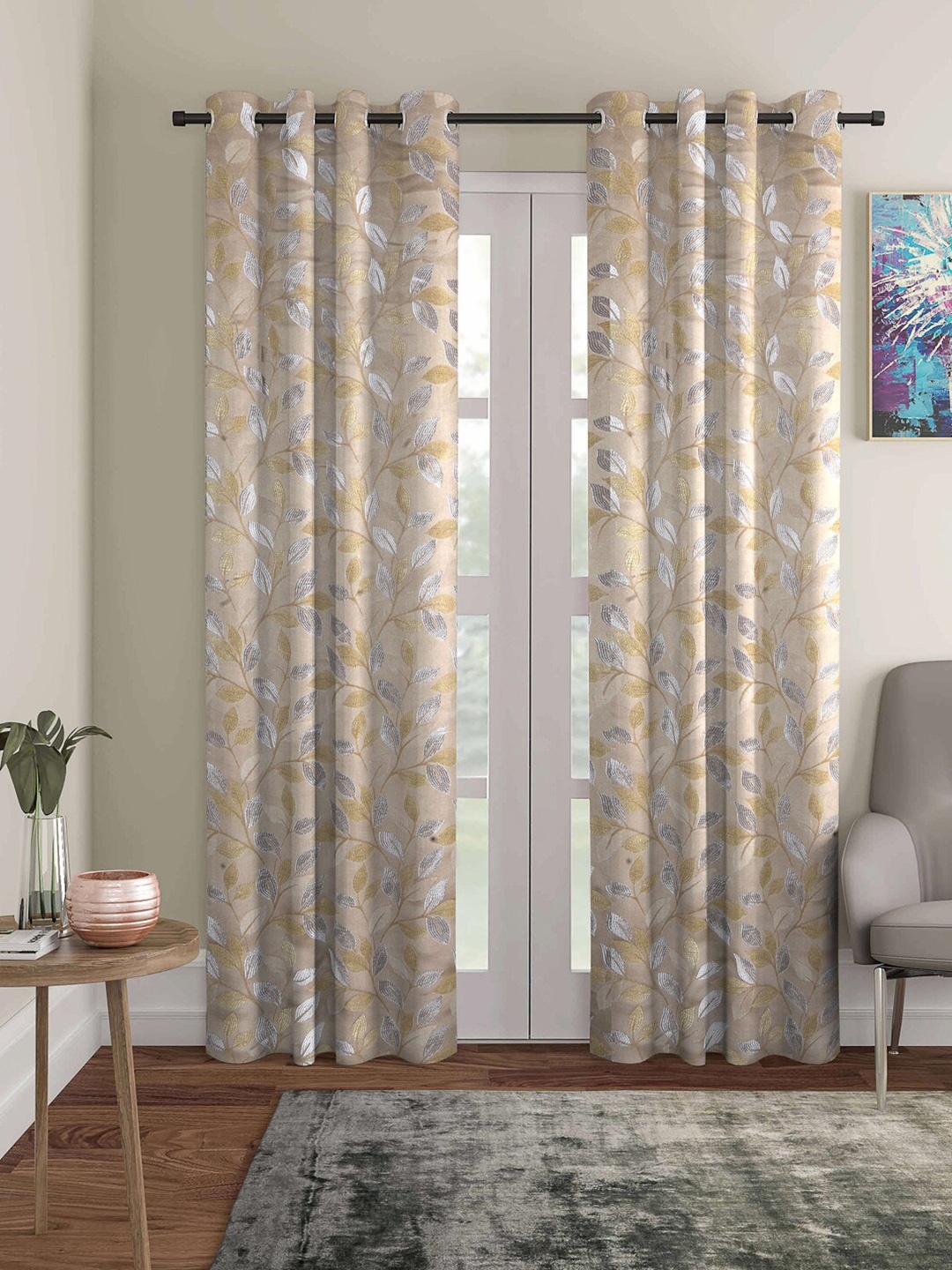 

ROMEE Beige Set of 2 Floral Room Darkening Door Curtain
