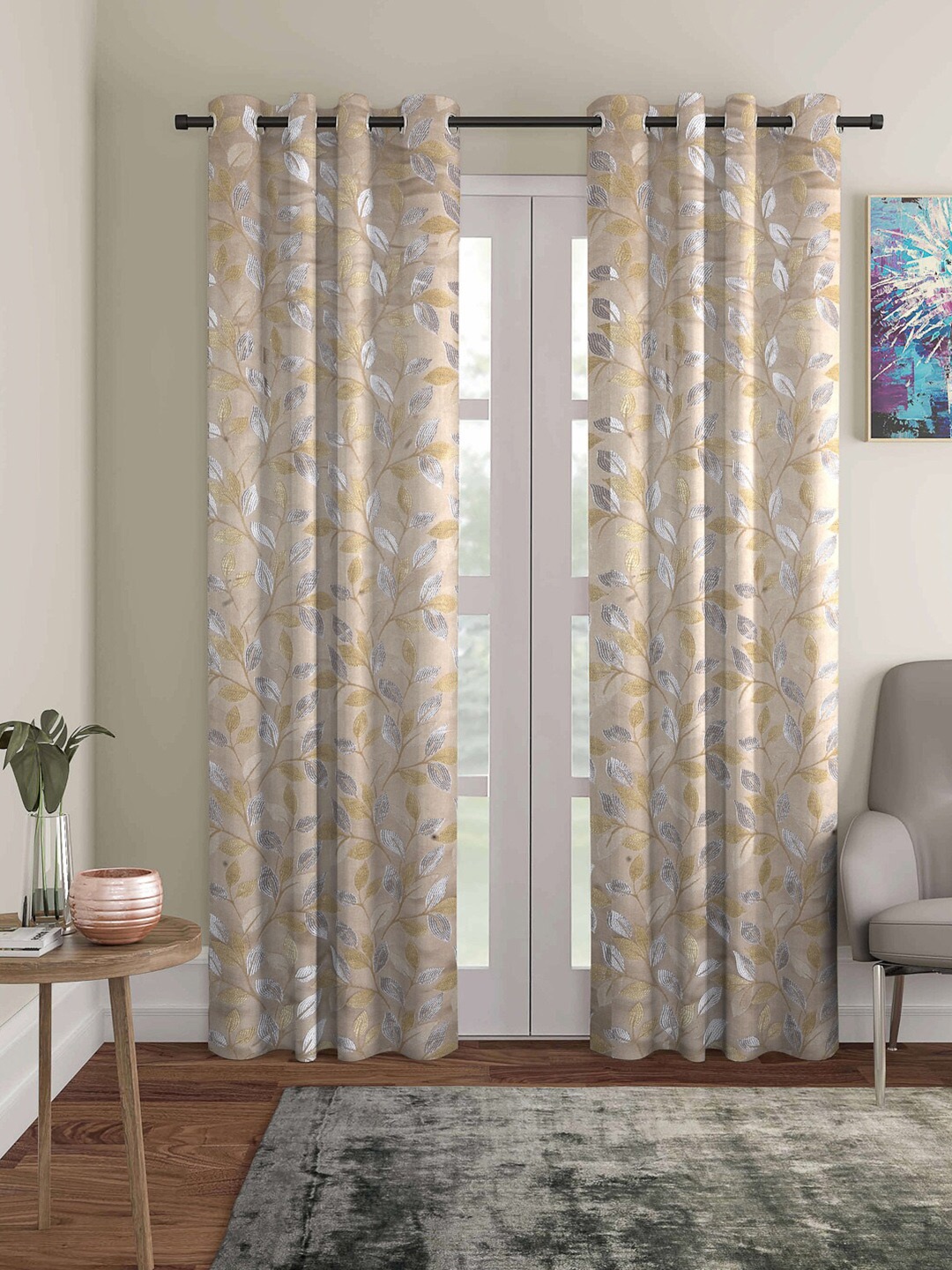 

ROMEE Beige & Silver-Toned Set of 2 Floral Room Darkening Long Door Curtain