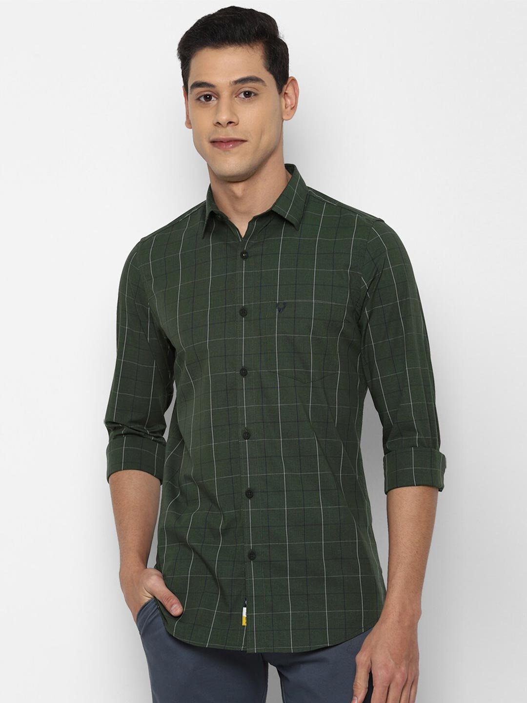 

Allen Solly Men Olive Green Slim Fit Checked Casual Shirt