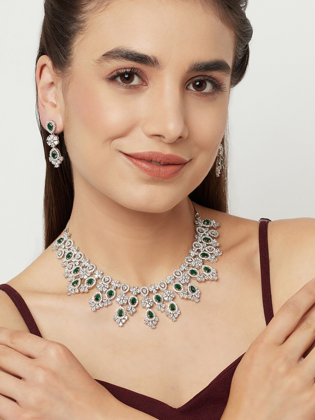 

Voylla Rhodium-Plated Green Stone-Studded Jewellery Set, Silver