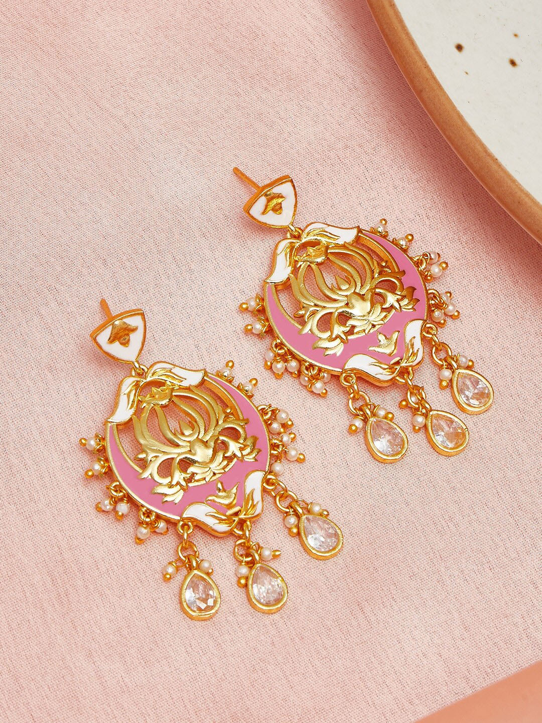 

Voylla Gold Toned & Pink Contemporary Drop Earrings