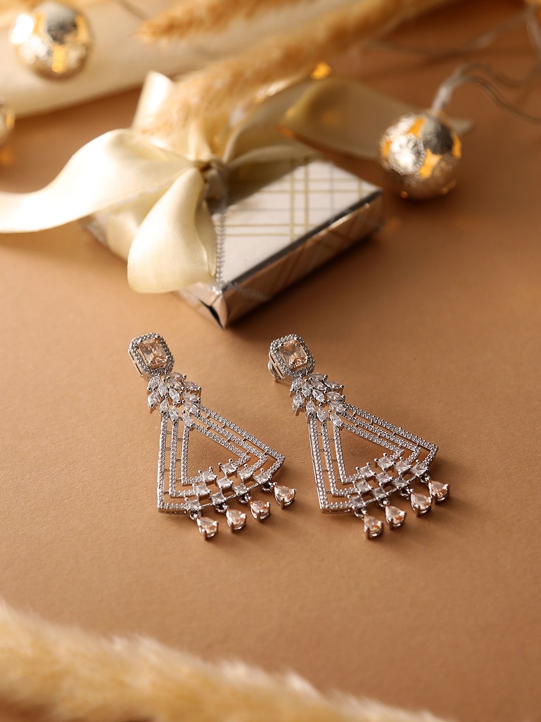 

Voylla Silver-Toned CZ Heavily Embellished Chandelier Drop Earrings