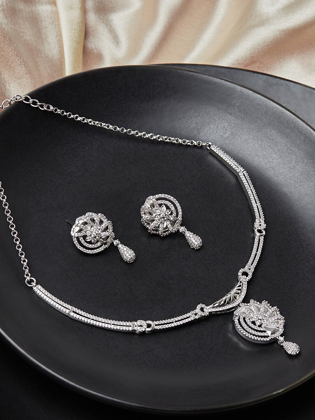Voylla Silver-Plated White Stone-Studded Jewellery Set