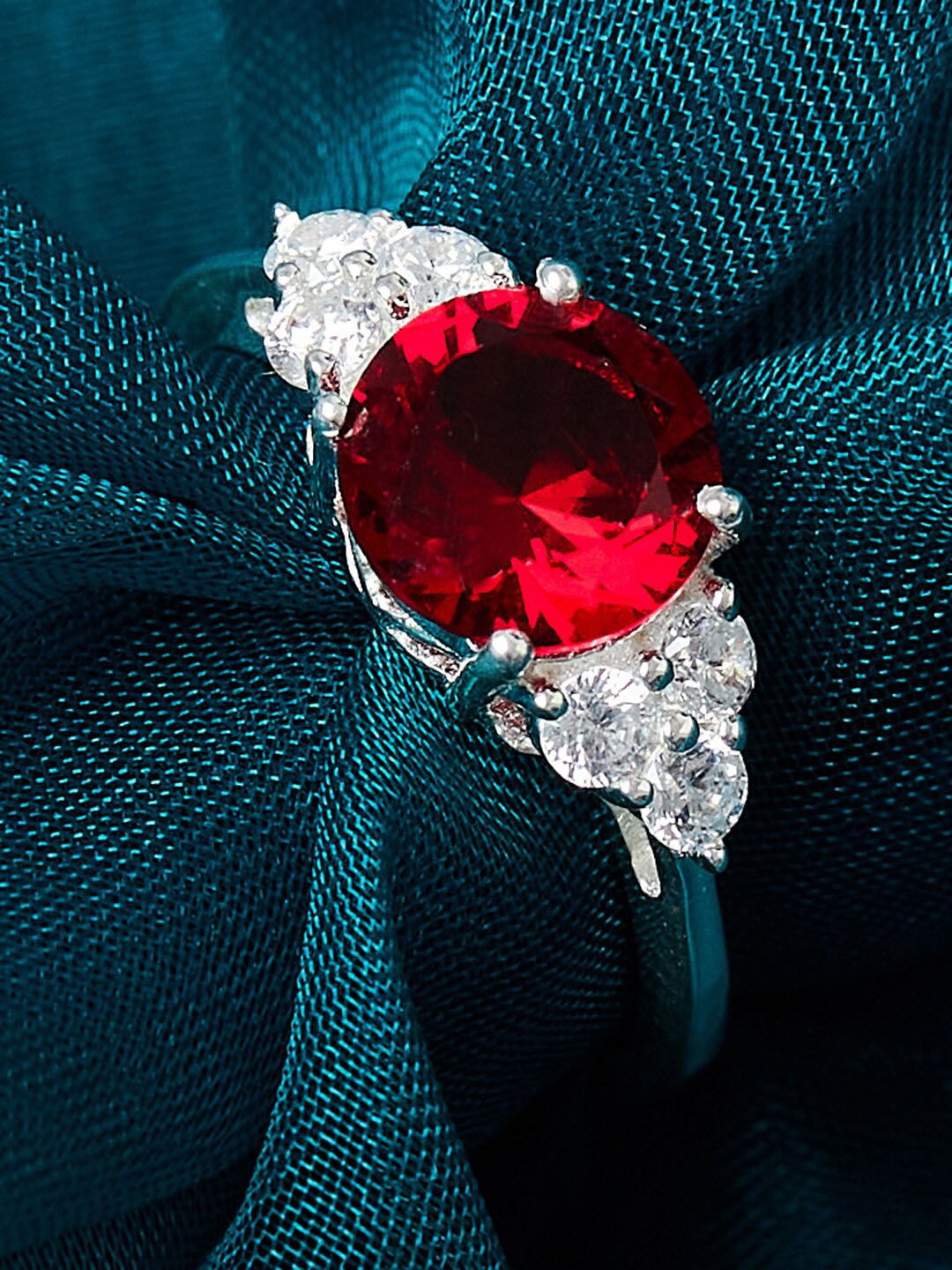 Voylla Women Silver-Plated Red Stone-Studded Adjustable Finger Ring