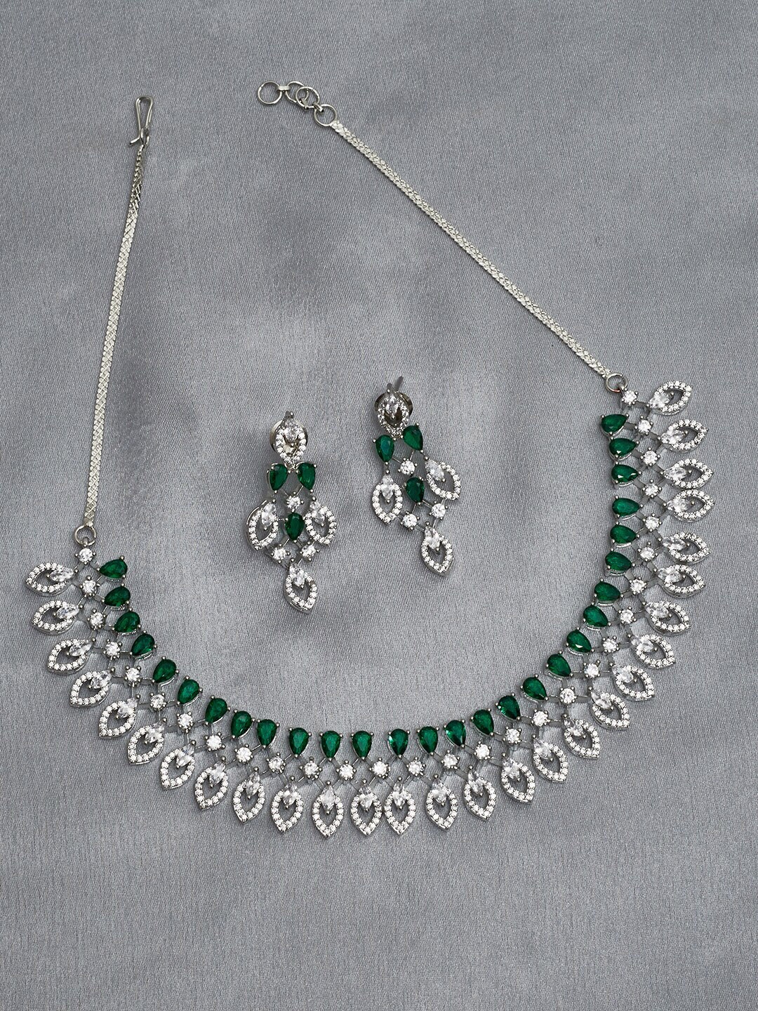 

Voylla Rhodium-Plated Green & White Stone-Studded Jewellery Set, Silver