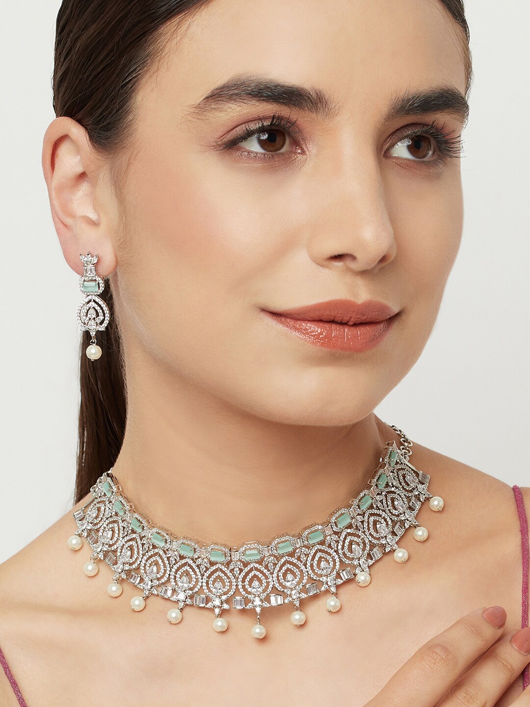 Voylla Rhodium-Plated Silver-Toned & Green CZ Studded Jewellery Set