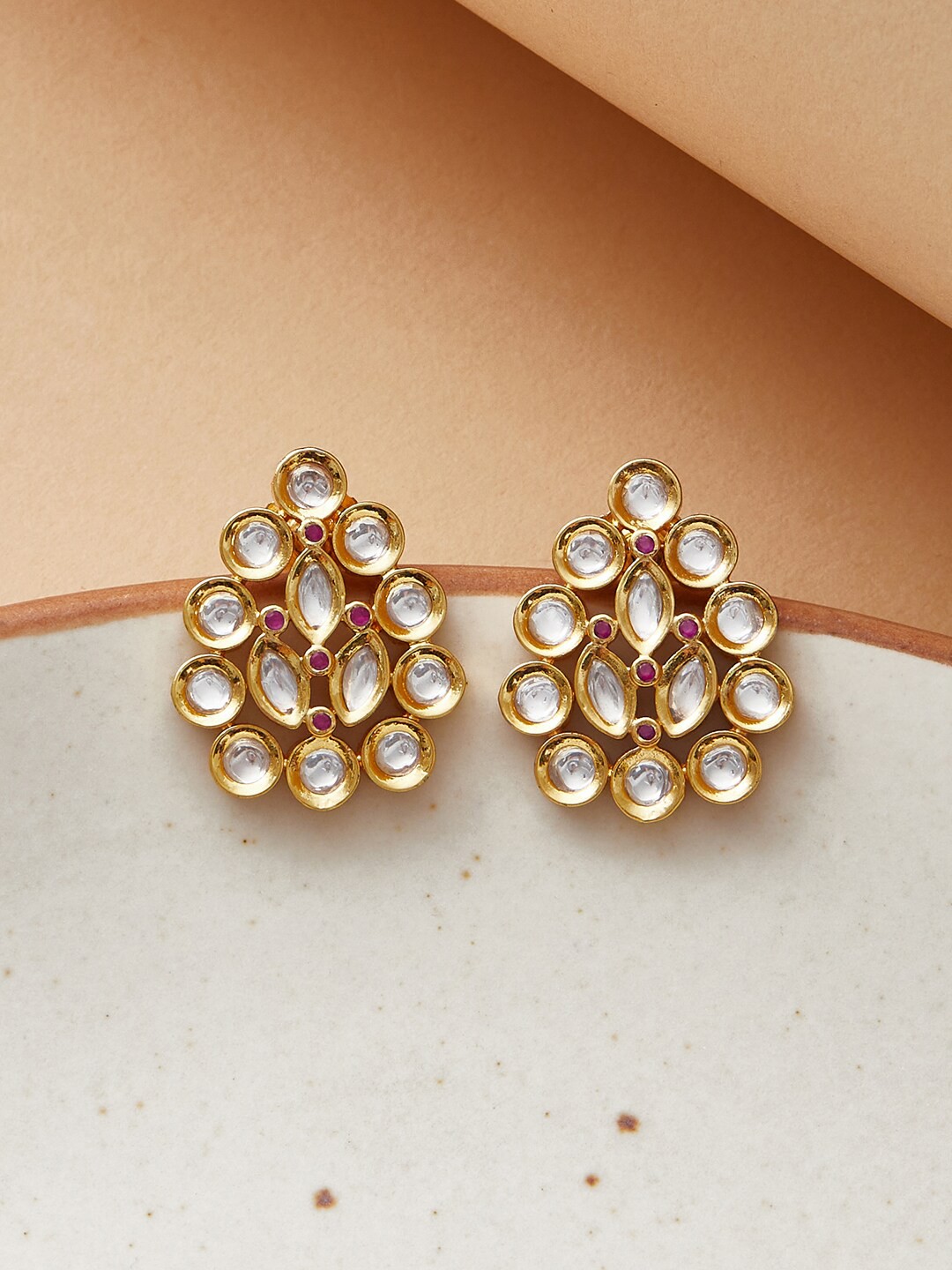 

Voylla Gold-Toned & White Kundan Contemporary Studs Earrings