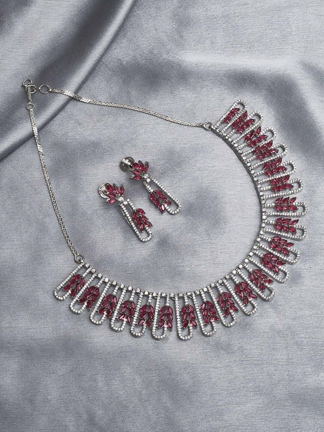 Voylla Women Silver Plated Pink CZ-Studded Necklace Set