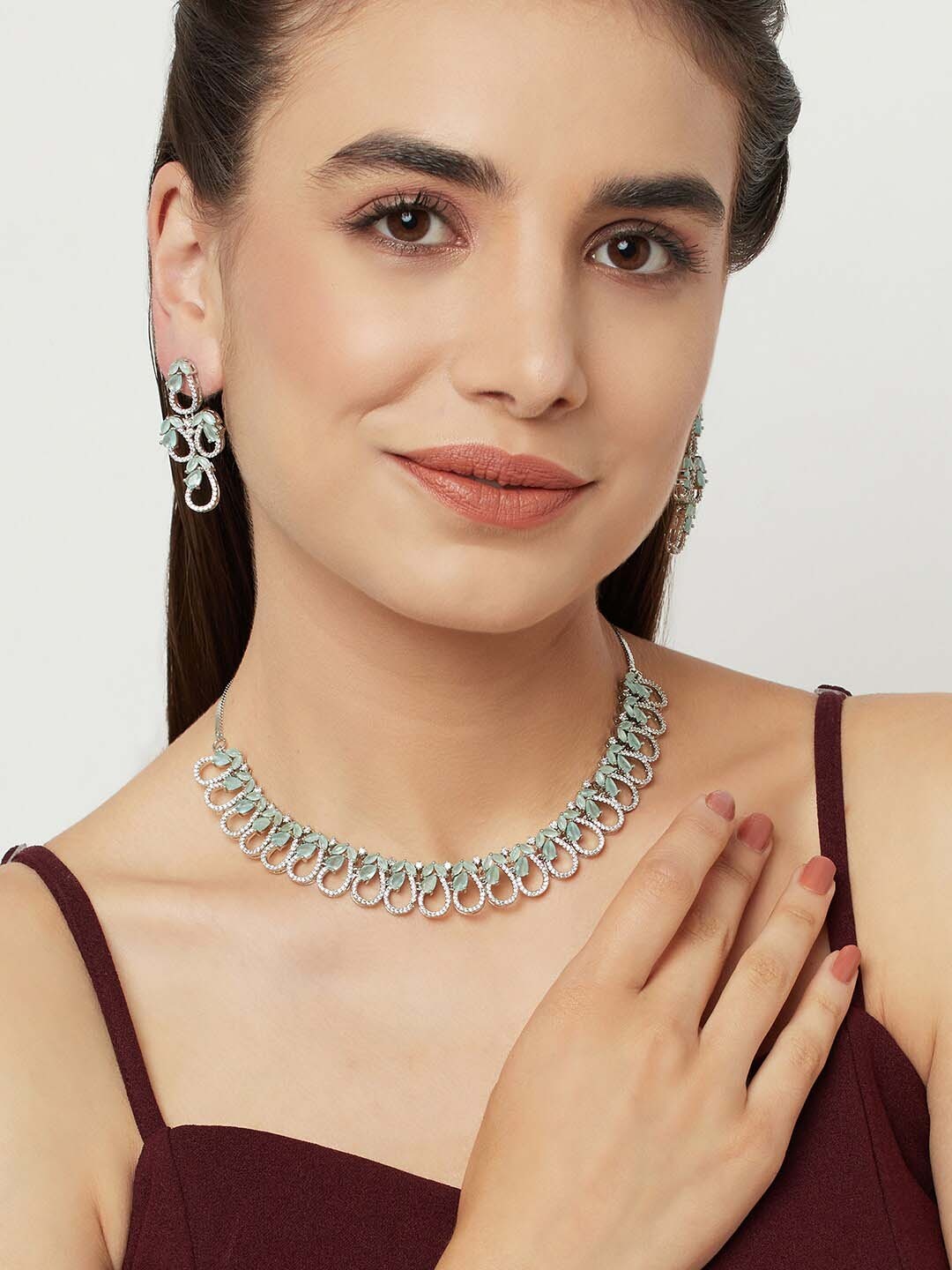 

Voylla Silver-Plated Green & White Stone-Studded Jewellery Set